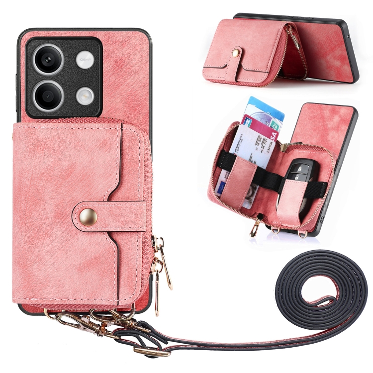 

For Xiaomi Redmi Note 13 Crossbody Multi-function Zipper Wallet Phone Case(Pink)