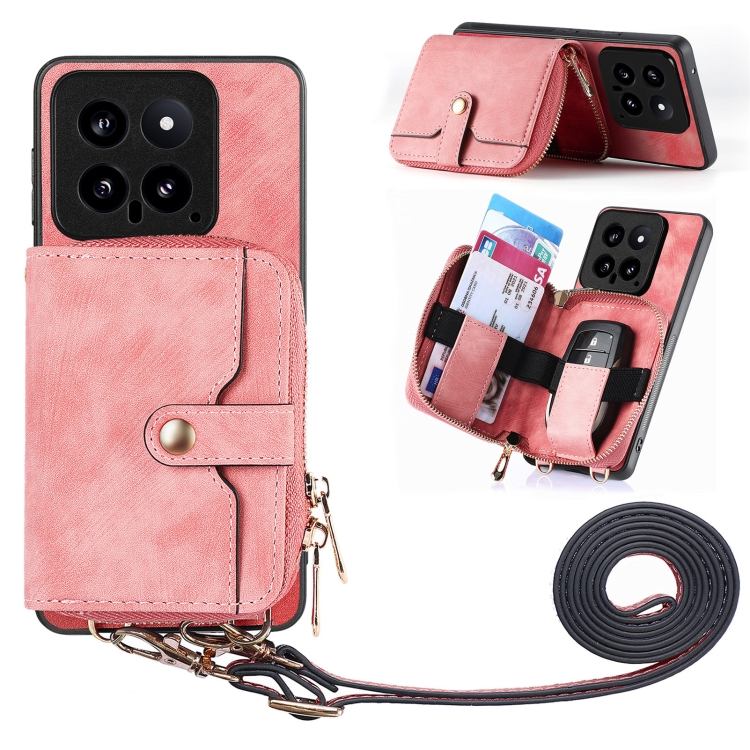 

For Xiaomi 14 Crossbody Multi-function Zipper Wallet Phone Case(Pink)