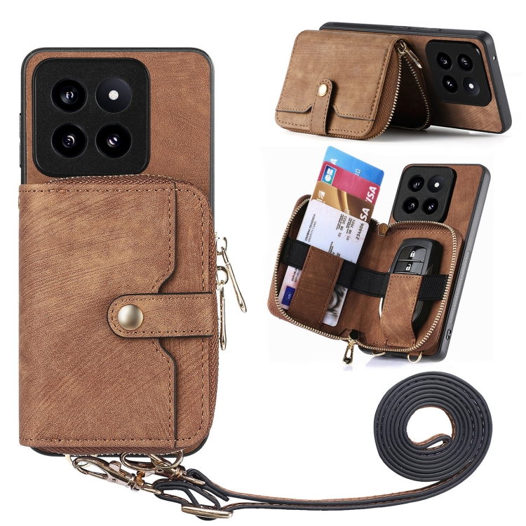 

For Xiaomi 14 Pro Crossbody Multi-function Zipper Wallet Phone Case(Brown)