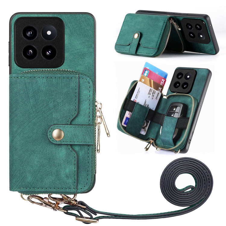 

For Xiaomi 14 Pro Crossbody Multi-function Zipper Wallet Phone Case(Green)