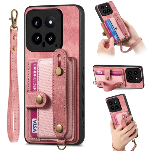 

For Xiaomi 14 Retro Cross Wristband Wallet Leather Back Phone Case(Pink)