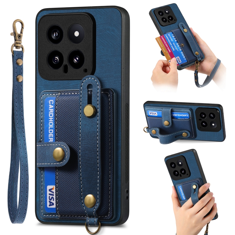 

For Xiaomi 14 Retro Cross Wristband Wallet Leather Back Phone Case(Blue)