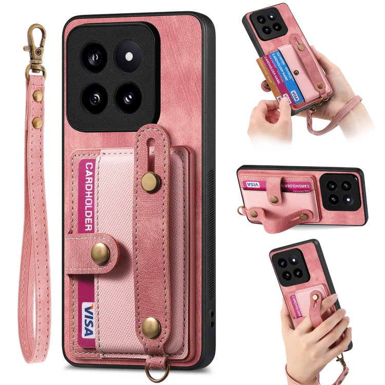 

For Xiaomi 14 Pro Retro Cross Wristband Wallet Leather Back Phone Case(Pink)
