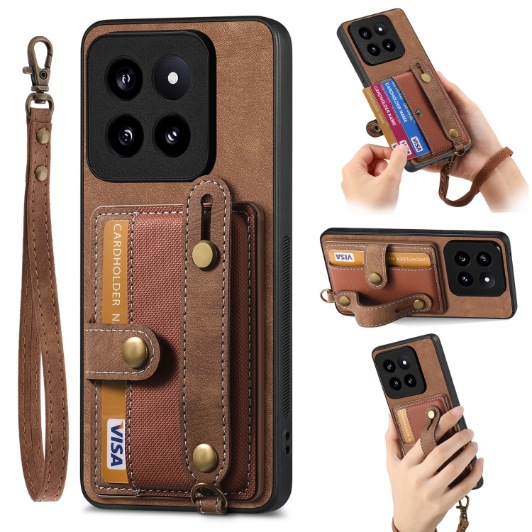 

For Xiaomi 14 Pro Retro Cross Wristband Wallet Leather Back Phone Case(Brown)