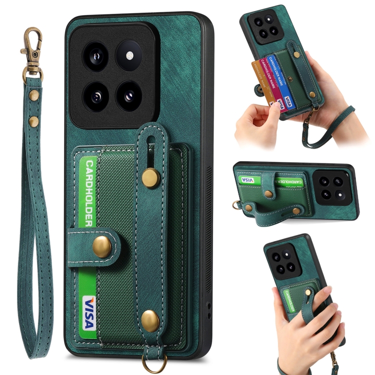 

For Xiaomi 14 Pro Retro Cross Wristband Wallet Leather Back Phone Case(Green)