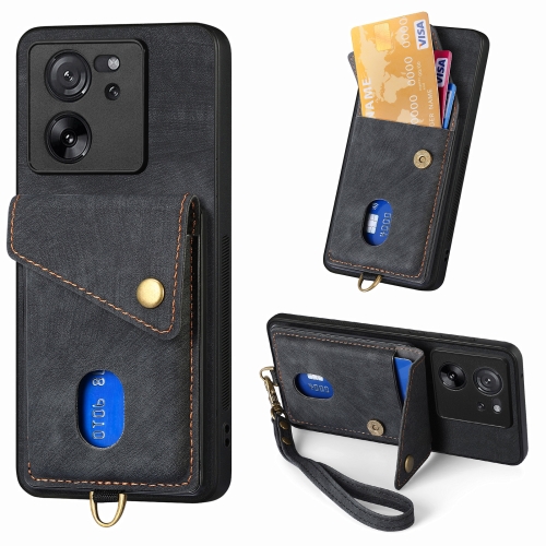 

For Xiaomi 13T / 13T Pro Retro Card Wallet Fold Leather Phone Case with Strap(Black)