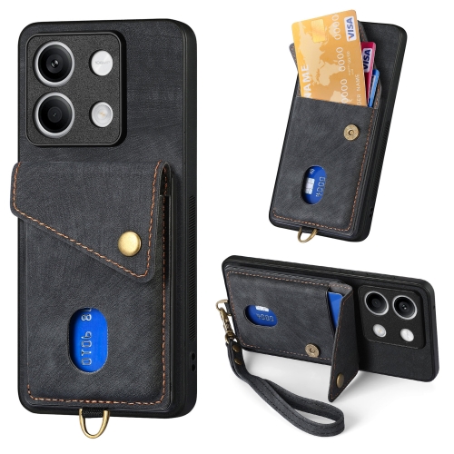 

ForXiaomi Redmi Note 13 Retro Card Wallet Fold Leather Phone Case with Strap(Black)