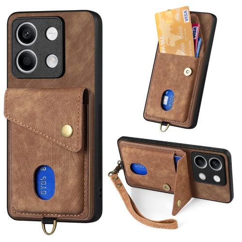 

For Xiaomi Redmi Note 13 5G Retro Card Wallet Fold Leather Phone Case with Strap(Brown)