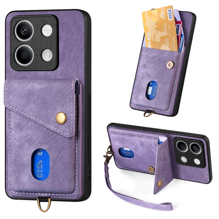 

For Xiaomi Redmi Note 13 5G Retro Card Wallet Fold Leather Phone Case with Strap(Purple)