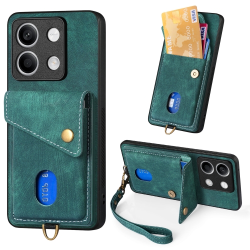 

ForXiaomi Redmi Note 13 Retro Card Wallet Fold Leather Phone Case with Strap(Green)