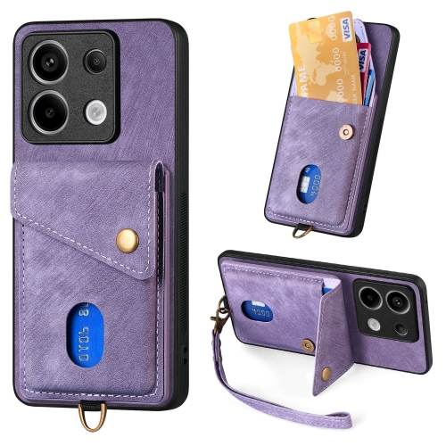 

For Xiaomi Redmi Note 13 Pro Retro Card Wallet Fold Leather Phone Case with Strap(Purple)