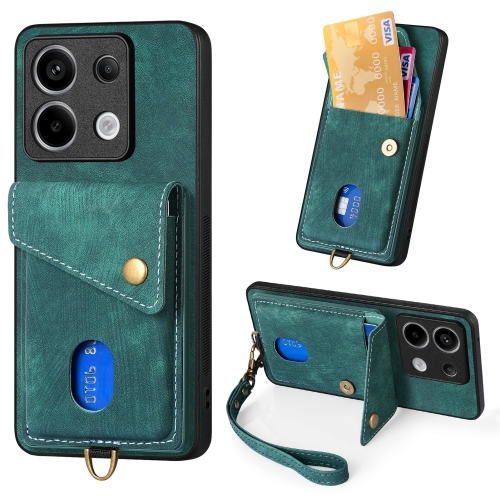 

For Xiaomi Redmi Note 13 Pro Retro Card Wallet Fold Leather Phone Case with Strap(Green)