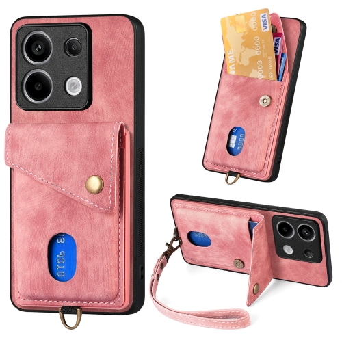 

For Xiaomi Redmi Note 13 Pro Retro Card Wallet Fold Leather Phone Case with Strap(Pink)