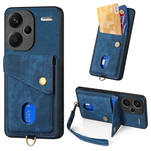 

For Xiaomi Redmi Note 13 Pro+ Retro Card Wallet Fold Leather Phone Case with Strap(Blue)