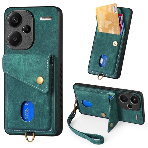 

For Xiaomi Redmi Note 13 Pro+ Retro Card Wallet Fold Leather Phone Case with Strap(Green)