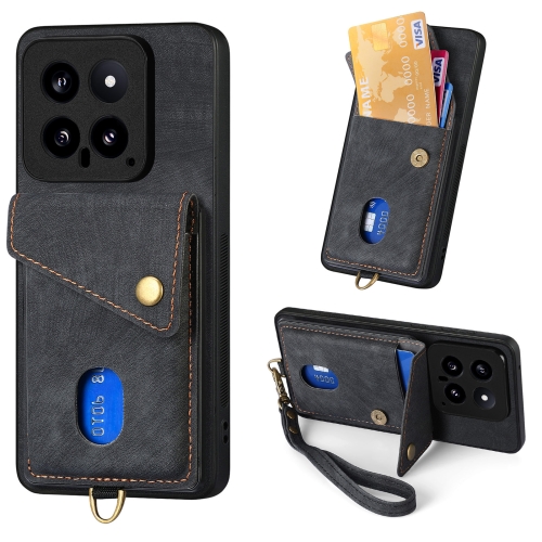 

For Xiaomi 14 Retro Card Wallet Fold Leather Phone Case with Strap(Black)