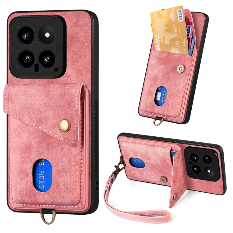 

For Xiaomi 14 Retro Card Wallet Fold Leather Phone Case with Strap(Pink)