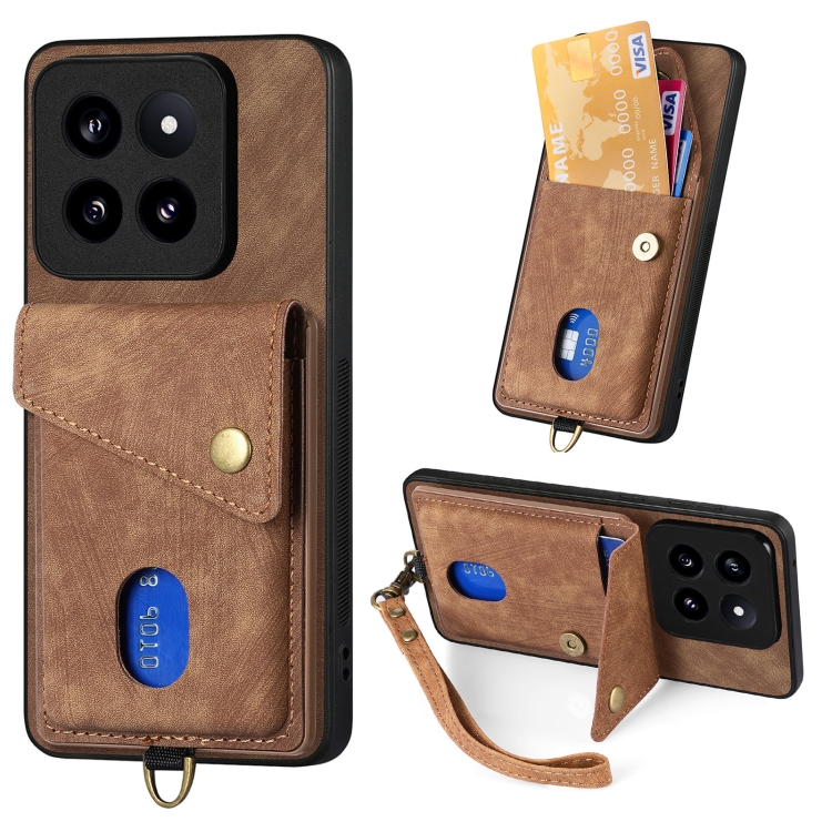 

For Xiaomi 14 Pro Retro Card Wallet Fold Leather Phone Case with Strap(Brown)