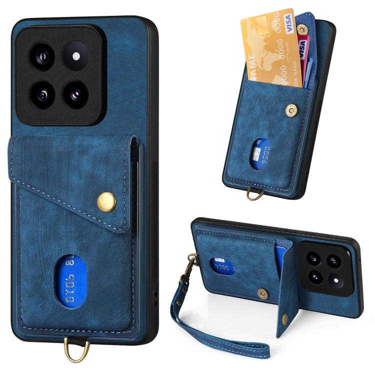

For Xiaomi 14 Pro Retro Card Wallet Fold Leather Phone Case with Strap(Blue)