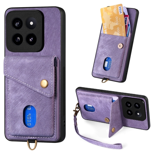 

For Xiaomi 14 Pro Retro Card Wallet Fold Leather Phone Case with Strap(Purple)