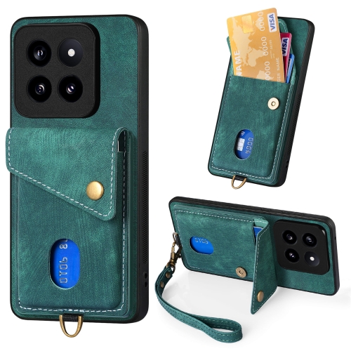 

For Xiaomi 14 Pro Retro Card Wallet Fold Leather Phone Case with Strap(Green)