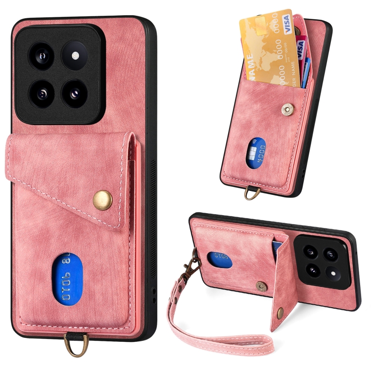 

For Xiaomi 14 Pro Retro Card Wallet Fold Leather Phone Case with Strap(Pink)