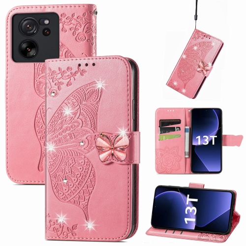 

For Xiaomi 13T / 13T Pro Rhinestones Butterfly Love Flower Embossed Leather Phone Case(Pink)