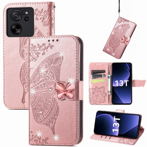 

For Xiaomi 13T / 13T Pro Rhinestones Butterfly Love Flower Embossed Leather Phone Case(Rose Gold)