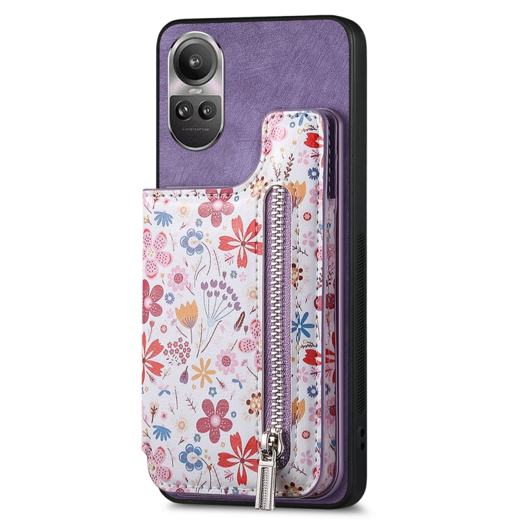 

For OPPO Reno10 Global Retro Painted Zipper Wallet Back Phone Case(Purple)