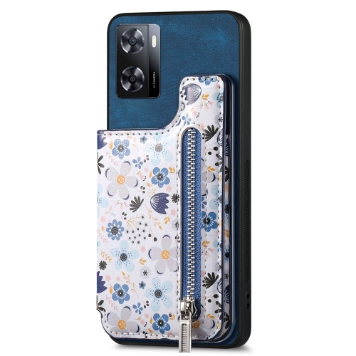 

For OPPO A57 5G Retro Painted Zipper Wallet Back Phone Case(Blue)
