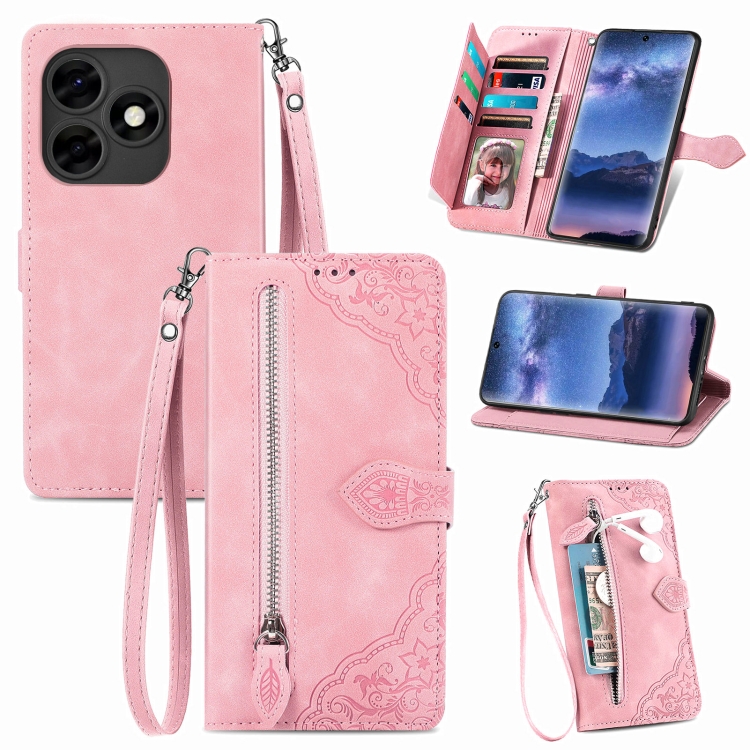 

For Itel S23+ Embossed Flower Zipper Leather Phone Case(Pink)