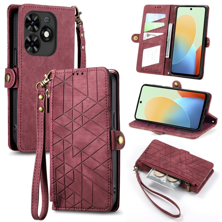 

For Tecno Spark Go 2024 Geometric Zipper Wallet Side Buckle Leather Phone Case(Red)