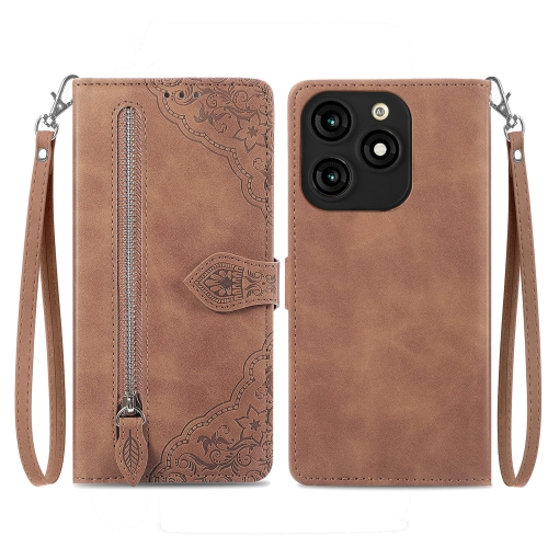 

For Tecno Itel A70 Embossed Flower Zipper Leather Phone Case(Brown)