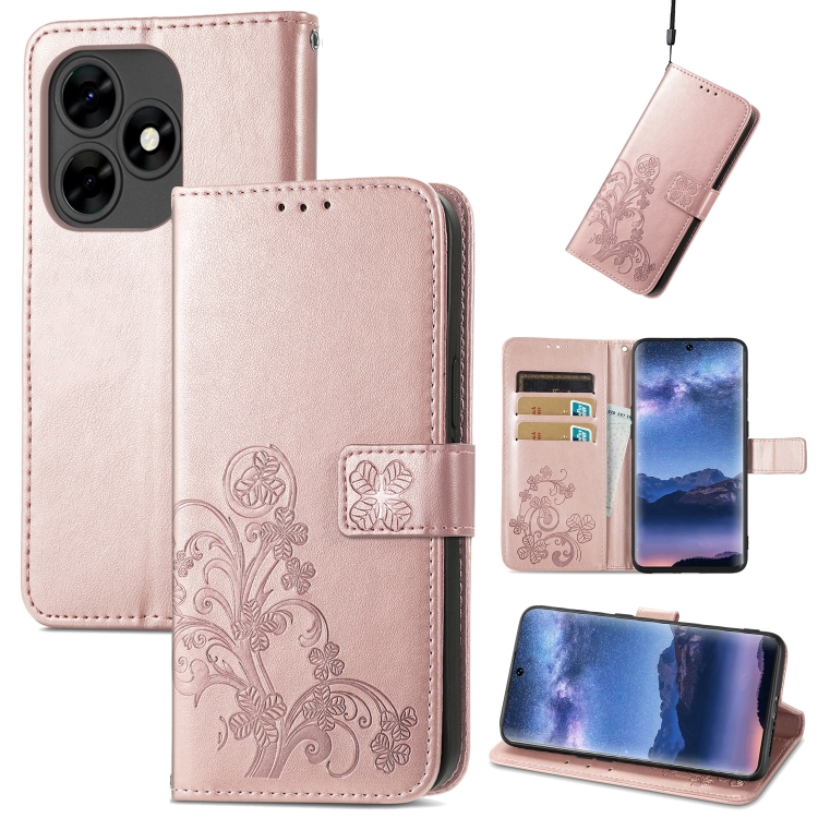 

For Tecno Itel S23+ Four-leaf Clasp Embossed Buckle Leather Phone Case(Rose Gold)
