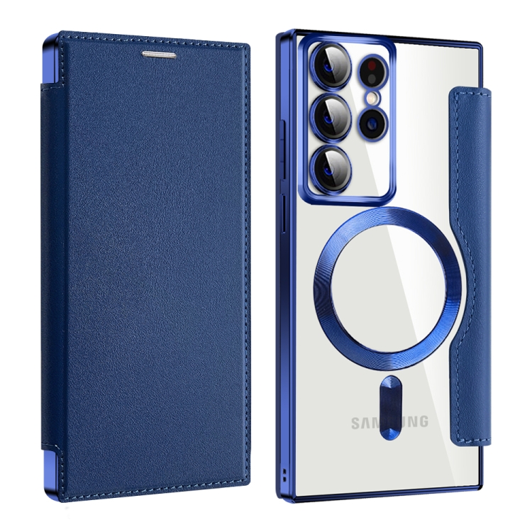 

For Samsung Galaxy S22 Ultra 5G Shield MagSafe RFID Anti-theft Leather Phone Case(Dark Blue)
