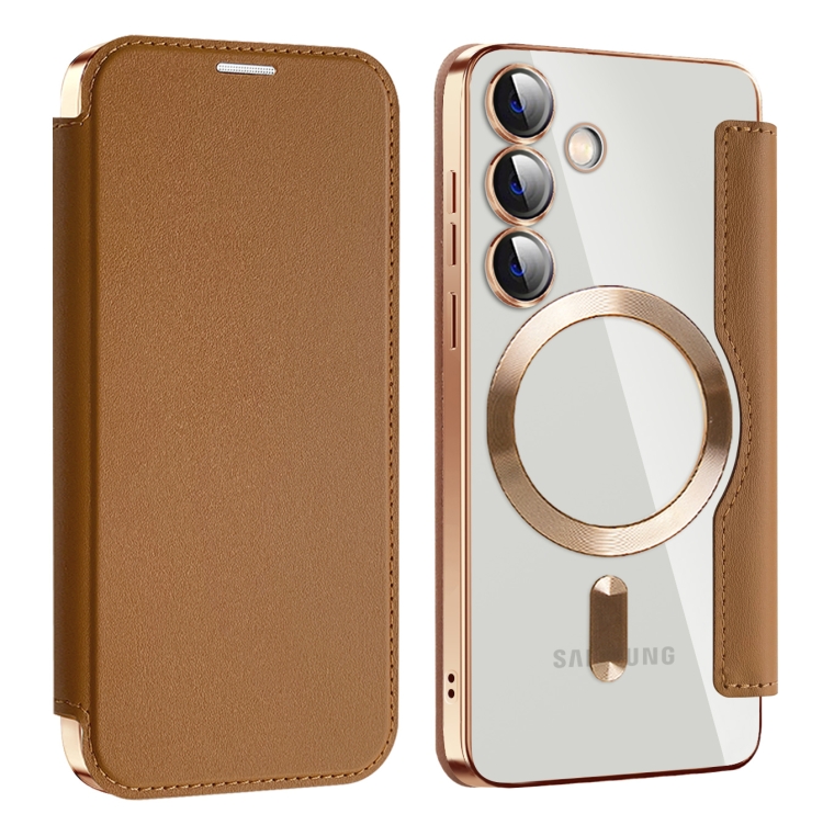 

For Samsung Galaxy S25+ 5G Shield MagSafe RFID Anti-theft Leather Phone Case(Brown)