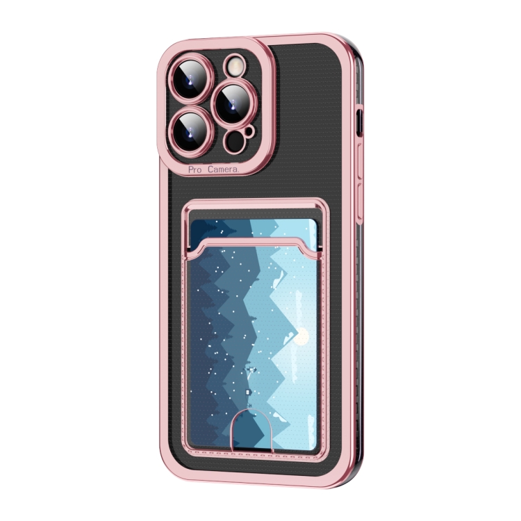 

For iPhone 15 Plus Electroplating Frame Card Slot Phone Case(Pink)