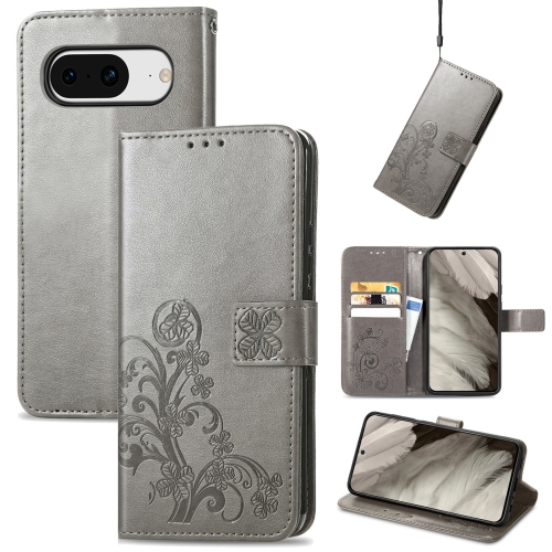 

For Google Pixel 8 Four-leaf Clasp Embossed Leather Phone Case(Grey)