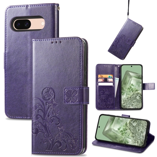 

For Google Pixel 8a Four-leaf Clasp Embossed Leather Phone Case(Purple)