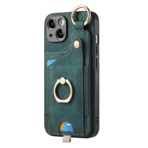 

For iPhone 13 Retro Skin-feel Ring Card Bag Phone Case with Hang Loop(Green)