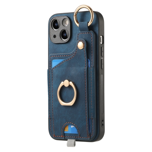 

For iPhone 13 Retro Skin-feel Ring Card Bag Phone Case with Hang Loop(Blue)