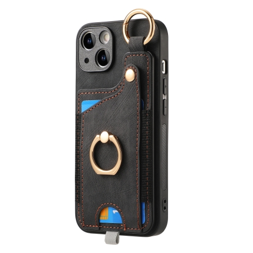 

For iPhone 13 Pro Max Retro Skin-feel Ring Card Bag Phone Case with Hang Loop(Black)