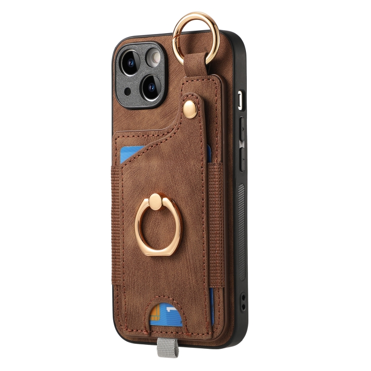 

For iPhone 14 Retro Skin-feel Ring Card Bag Phone Case with Hang Loop(Brown)