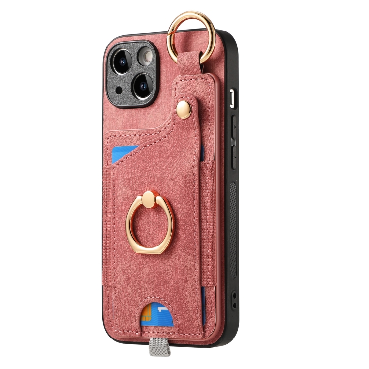 

For iPhone 14 Retro Skin-feel Ring Card Bag Phone Case with Hang Loop(Pink)