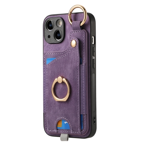 

For iPhone 14 Plus Retro Skin-feel Ring Card Bag Phone Case with Hang Loop(Purple)