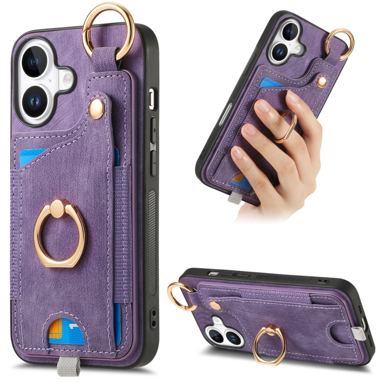 

For iPhone 16 Retro Skin-feel Ring Card Bag Phone Case with Hang Loop(Purple)