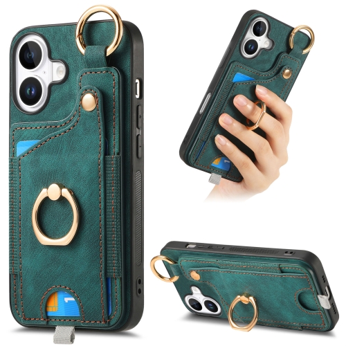 

For iPhone 16 Retro Skin-feel Ring Card Bag Phone Case with Hang Loop(Green)