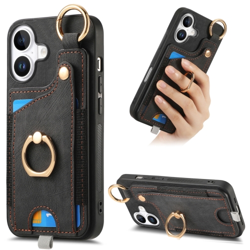 

For iPhone 16 Retro Skin-feel Ring Card Bag Phone Case with Hang Loop(Black)