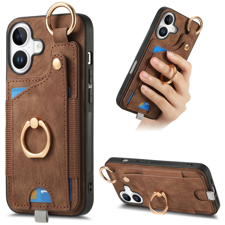 

For iPhone 16 Plus Retro Skin-feel Ring Card Bag Phone Case with Hang Loop(Brown)
