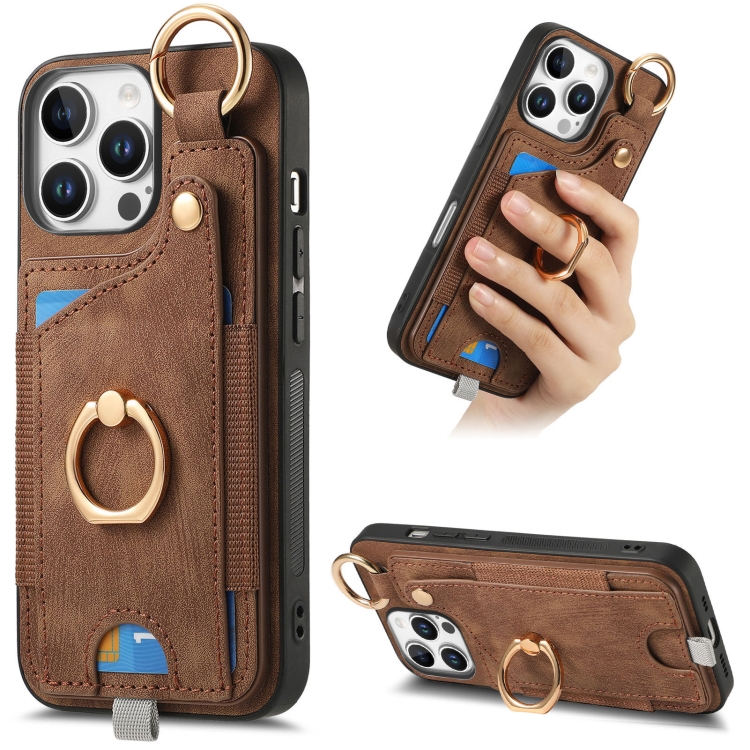 

For iPhone 16 Pro Retro Skin-feel Ring Card Bag Phone Case with Hang Loop(Brown)